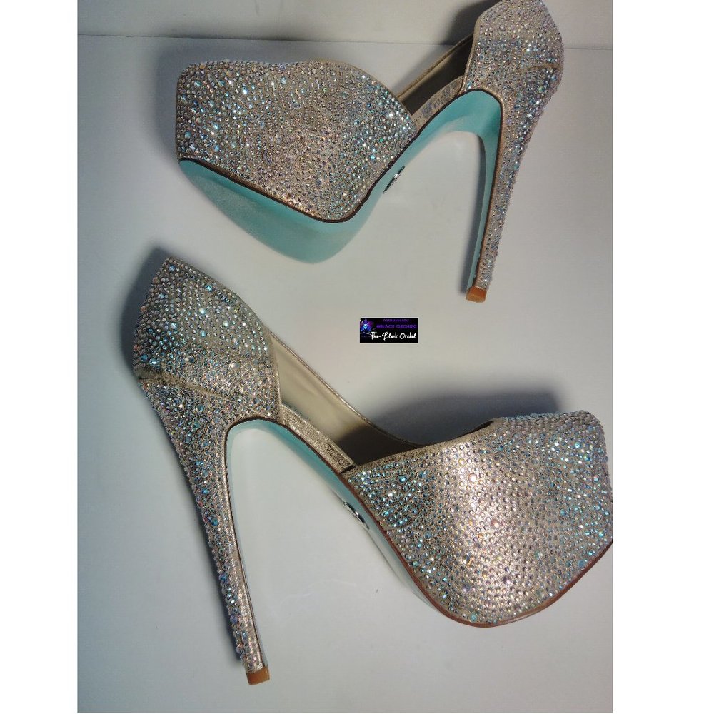 BETSEY JOHNSON 7 STAR SPARKLY RHINESTONE PLATFORM HEELS blue collection - Picture 8 of 16